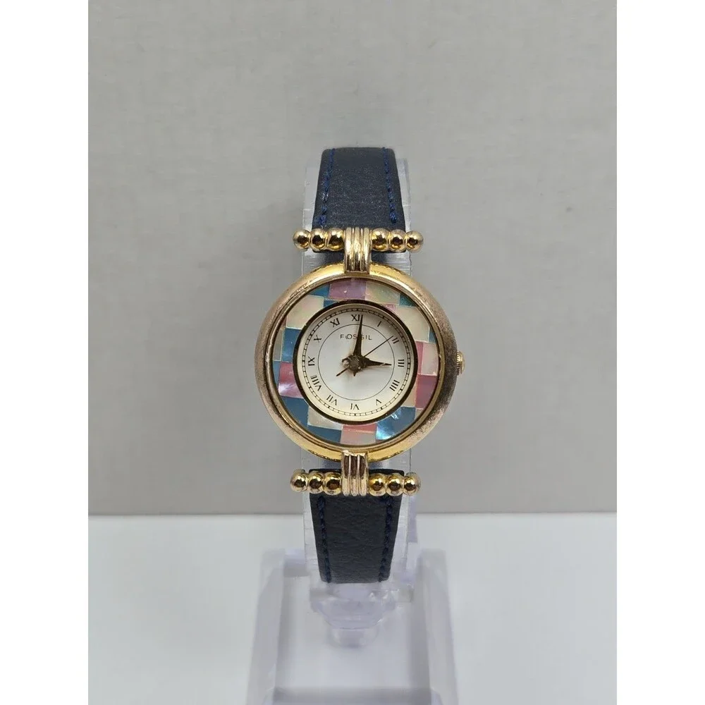 Vintage Fossil Womens Prism Mother Of Pearl Mosaic Watch Gold Tone New Battery